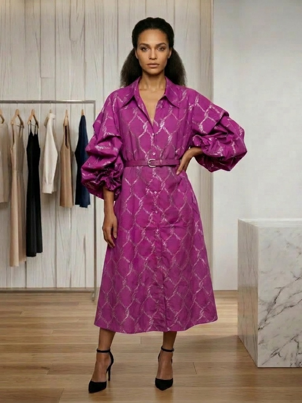 Magenta Puff-Sleeve Belted Midi Shirt Dress